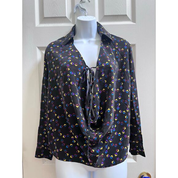 Derek Lam Silk Cuneiform Print Collared Drape Blouse Size 0 Relaxed Fit - Picture 1 of 16